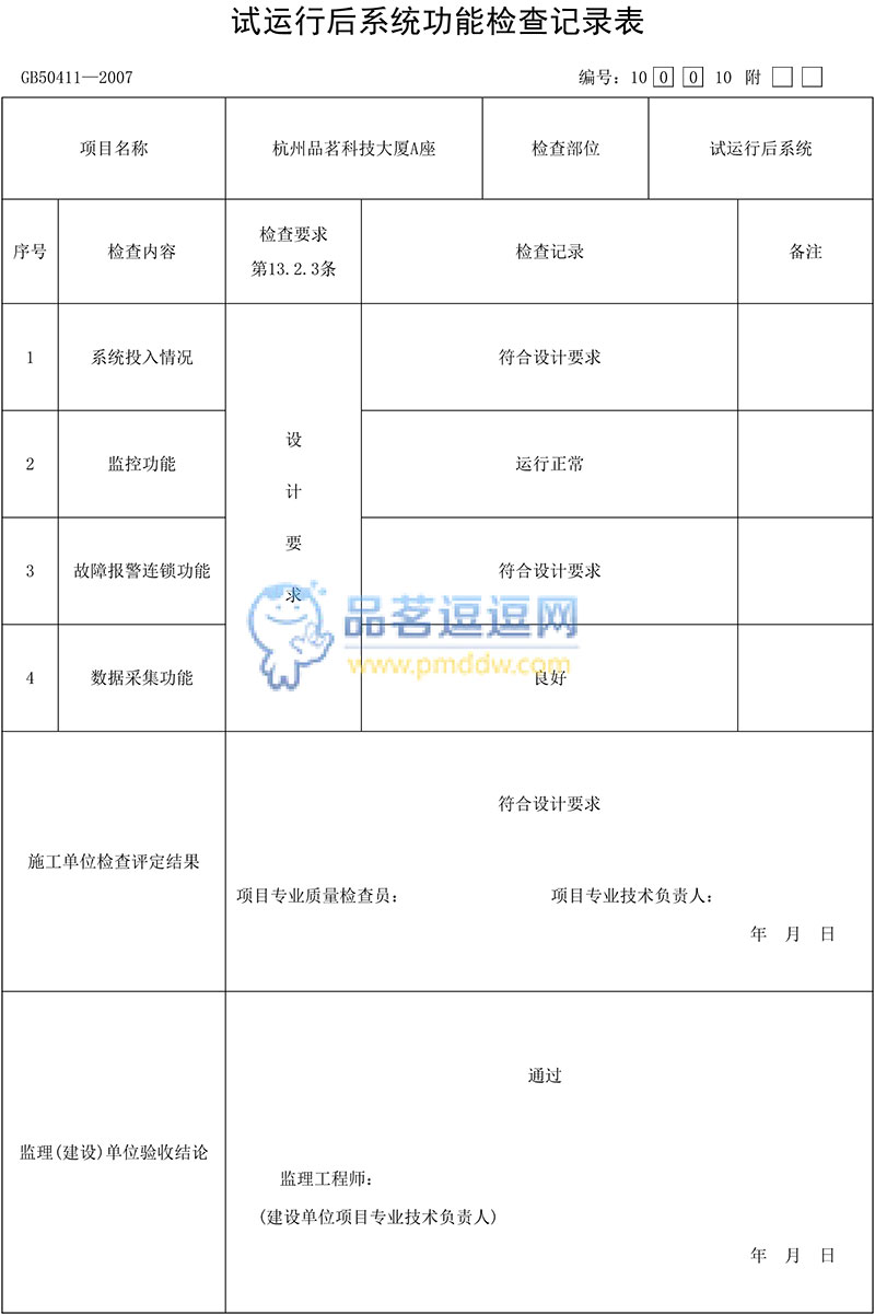 試運(yùn)行后系統(tǒng)功能檢查記錄表表格示例