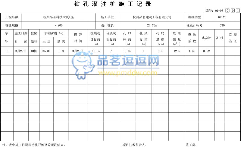 鉆孔灌注樁施工記錄表格示例