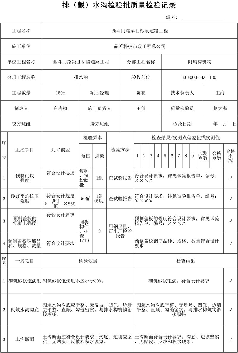 排（截）水溝檢驗(yàn)批質(zhì)量檢驗(yàn)記錄填表說明及范例