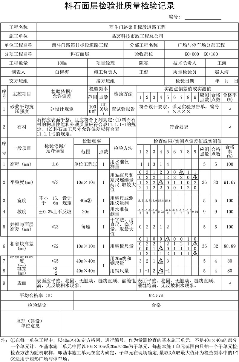 料石面層檢驗(yàn)批質(zhì)量檢驗(yàn)記錄填表說明及范例