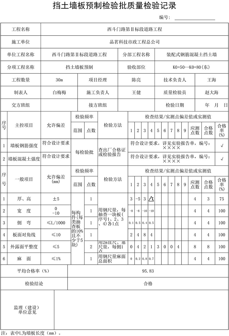 擋土墻板預(yù)制檢驗(yàn)批質(zhì)量檢驗(yàn)記錄填表說明及范例