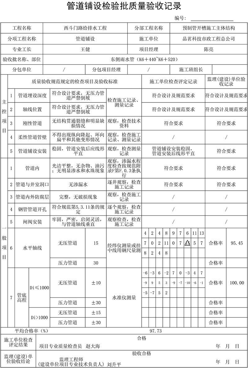 管道鋪設(shè)檢驗(yàn)批質(zhì)量驗(yàn)收記錄填表說明及范例