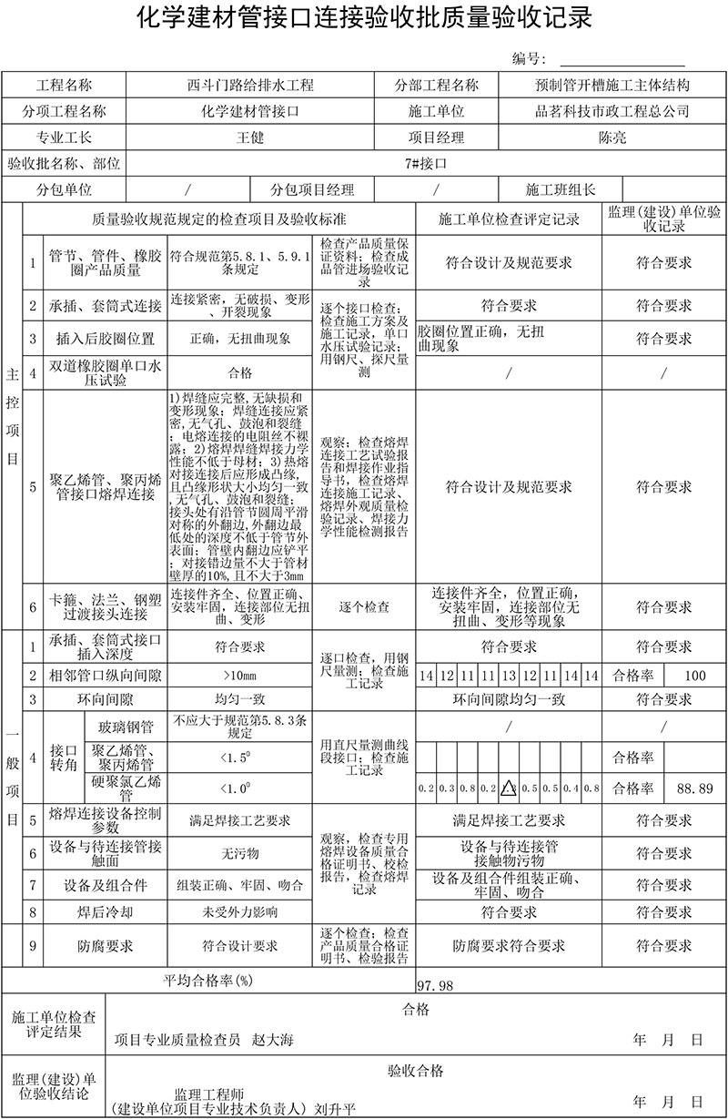 化學(xué)建材管接口連接驗(yàn)收批質(zhì)量驗(yàn)收記錄填表說(shuō)明及范例