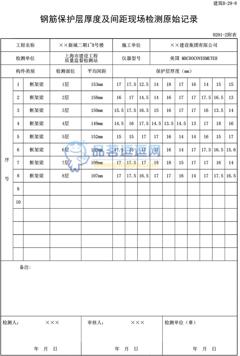 建筑B-29-8钢筋保护层厚度及间距现场检测原始记录（B-29其它资料）