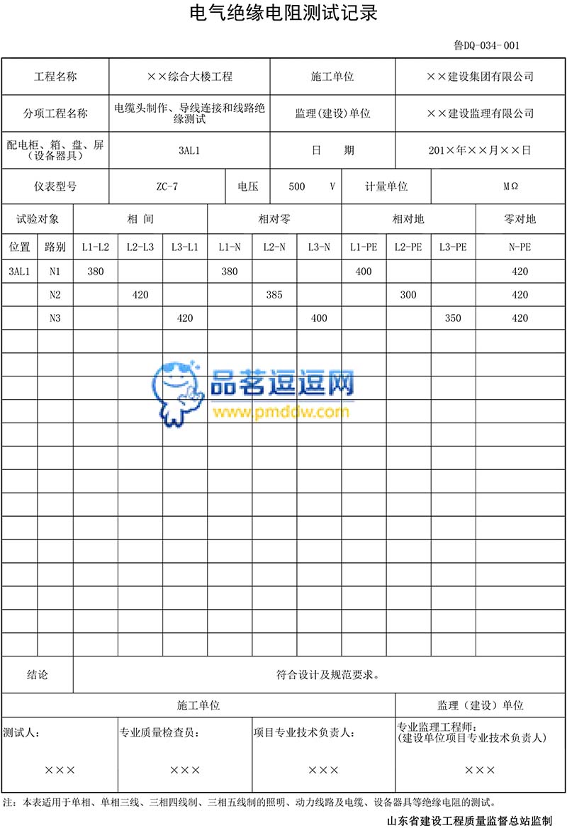 电气绝缘电阻测试记录