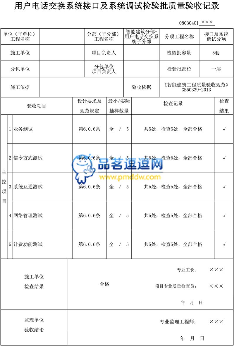 用户电话交换系统接口及系统调试检验批质量验收记录填写范例