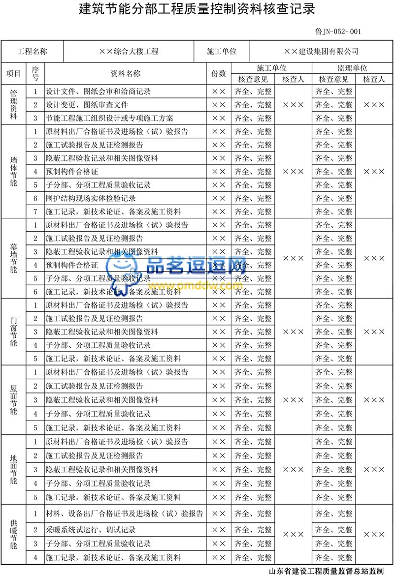 建筑节能分部工程质量控制资料核查记录示例