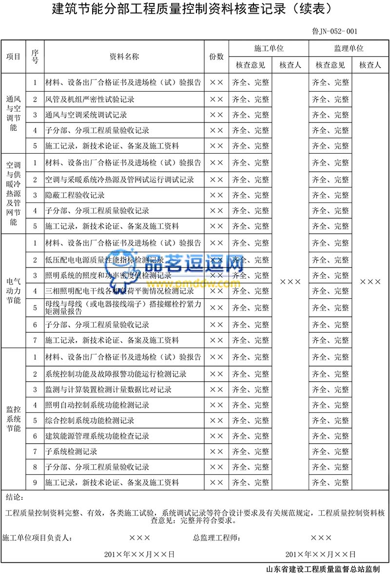 建筑节能分部工程质量控制资料核查记录示例