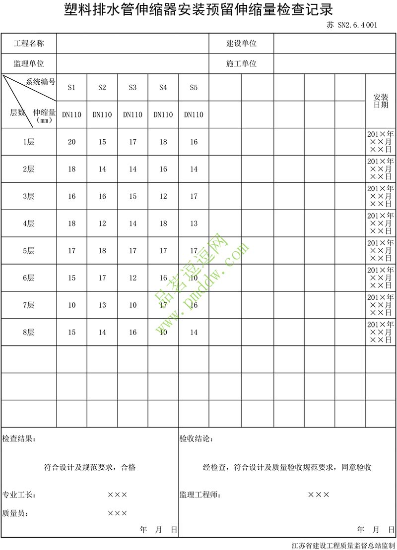 塑料排水管伸缩器安装预留伸缩量检查记录