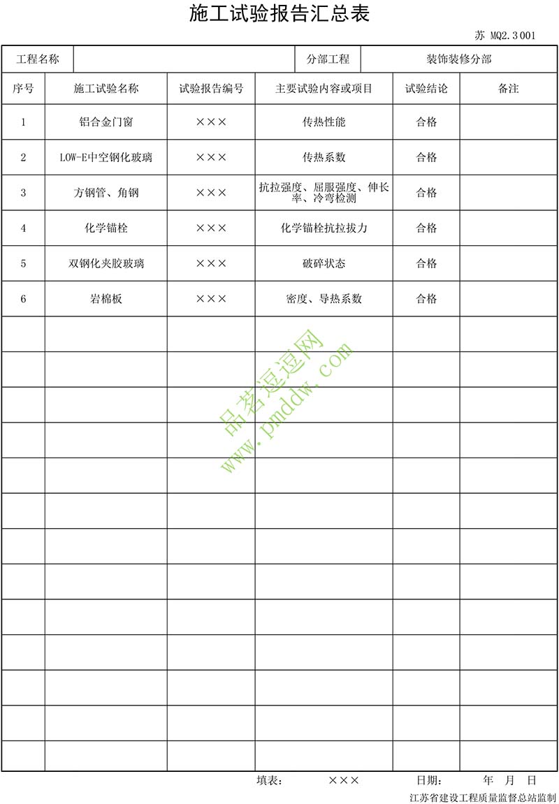 施工试验报告汇总表填写示例