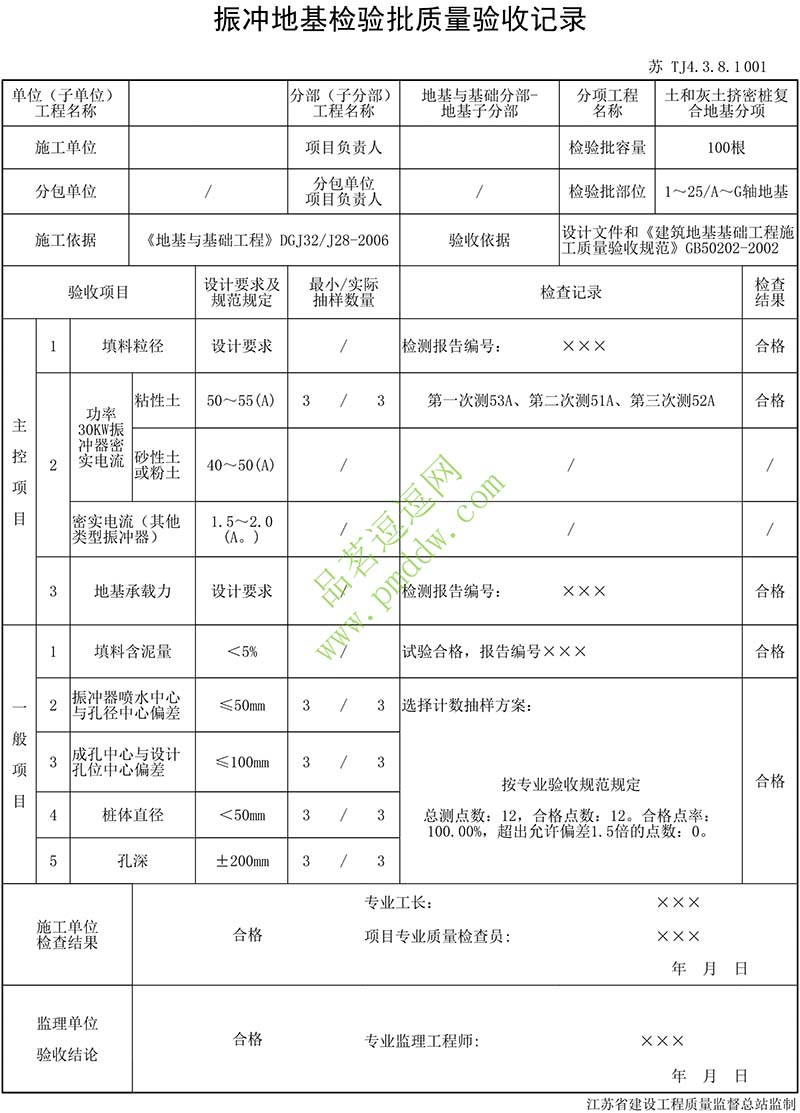 振冲地基检验批质量验收记录填写示例