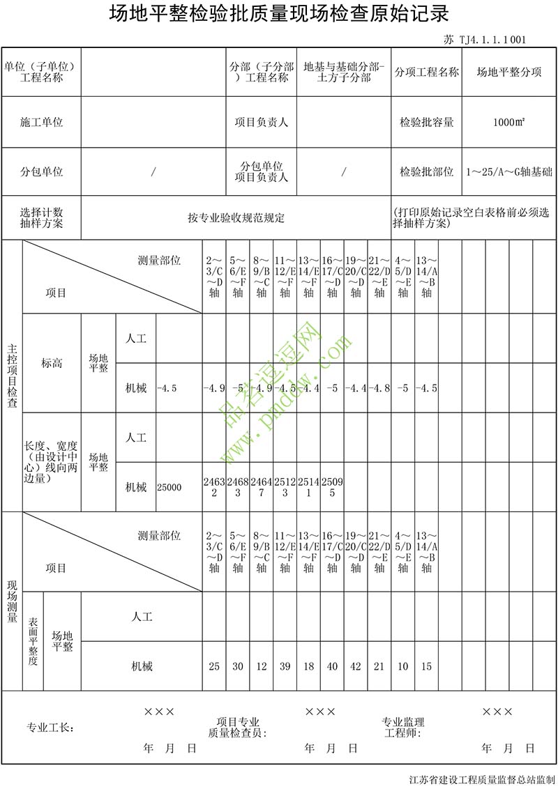 场地平整检验批质量验收记录原始记录